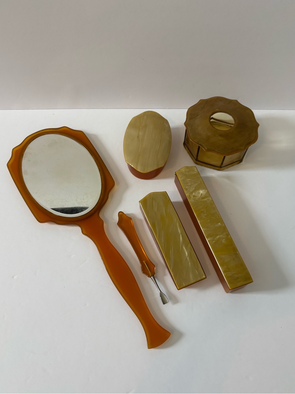 Vintage Celluloid Hand Mirror and Vanity Set - Marbled Gold Accents
